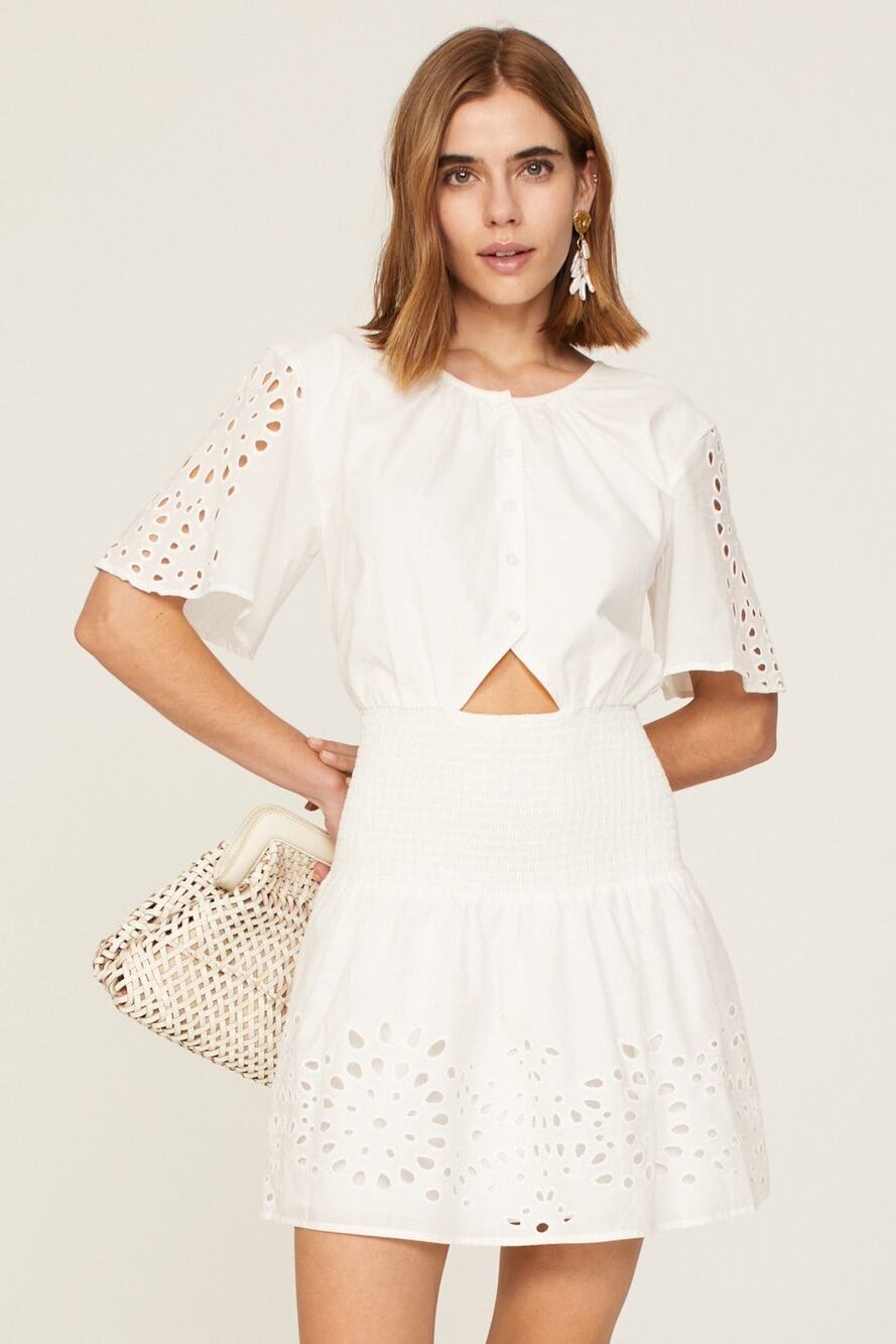 Thakoon White Eyelet Smocked Short Sleeve Cut Out Summer Mini Dress Size 0
